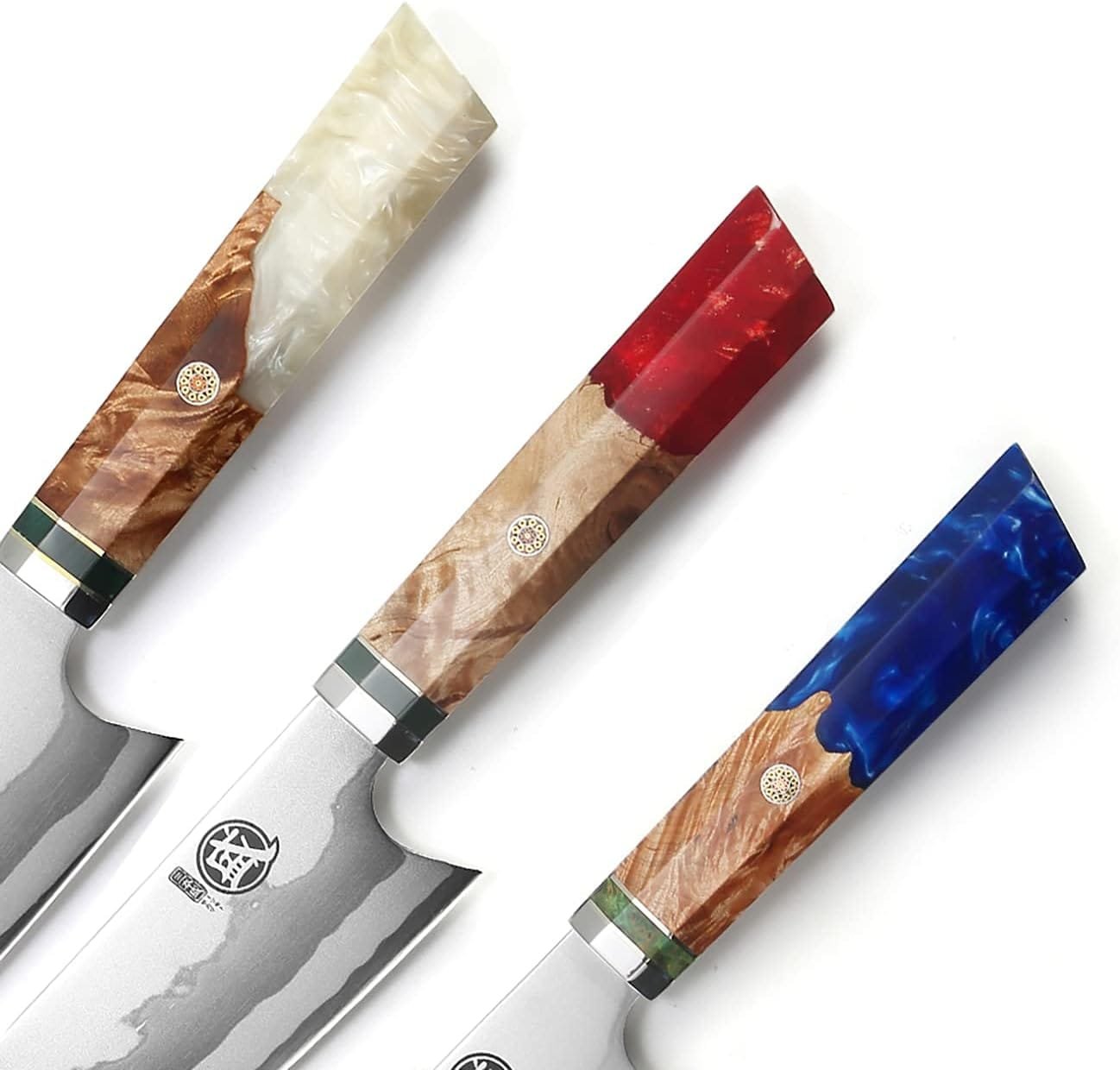 MITSUMOTO SAKARI 8 inch Japanese Kiritsuke Chef Knife, Hand Forged 67 Layers 440C Damascus Steel Kitchen Knives, Professional Meat Sushi Chefs Knife (Blue Pomegranate Handle  Gift Box)