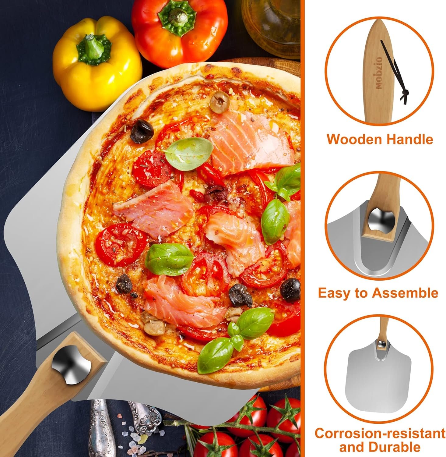 mobzio Pizza Peel Metal Pizza Spatula, Pizza Paddle 12 x 14 inch, Pizza Cutter Rocker, Pizza Paddle with Foldable Handle, Aluminum Pizza Peel Kit for Dough, Bread  Pastry, Pizza Oven Accessories
