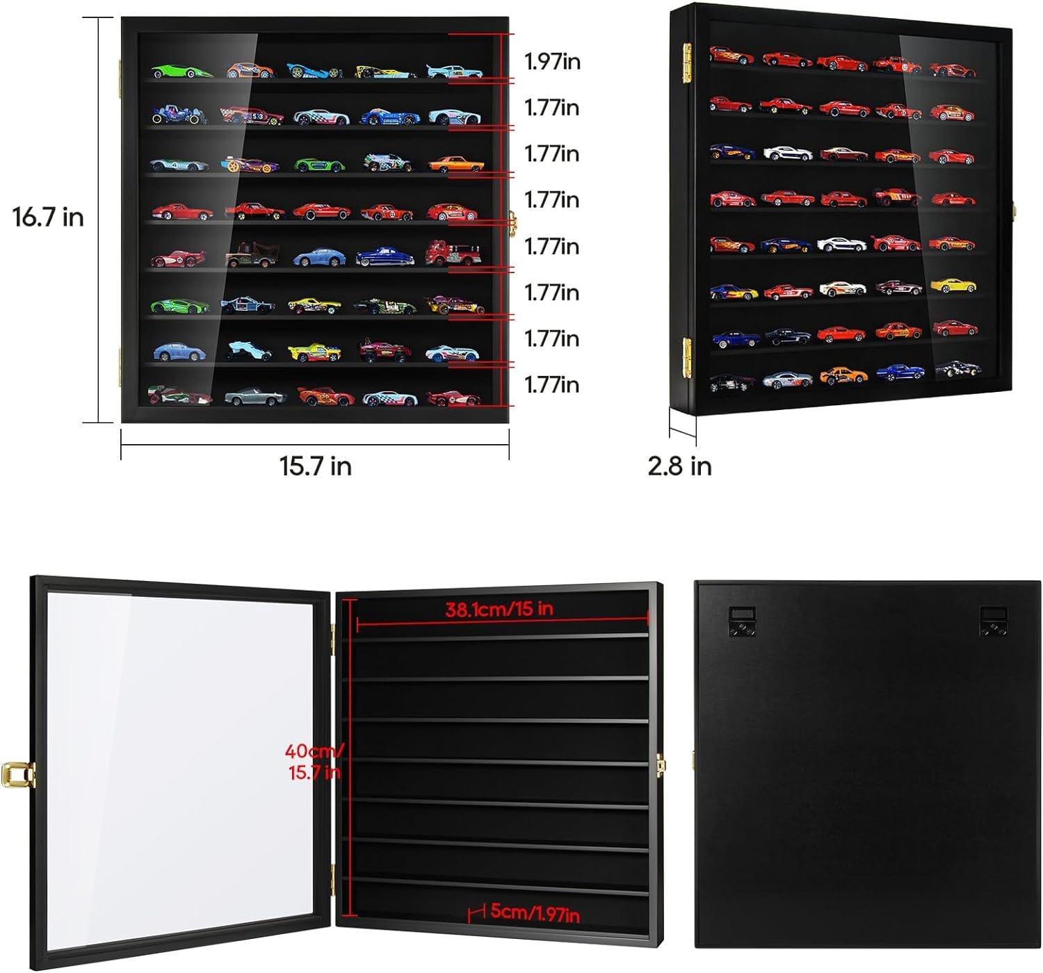 Model Car Display Case 1/64 Scale Diecast Wall-Mounted for Mini Toys and Small Wheels, Black