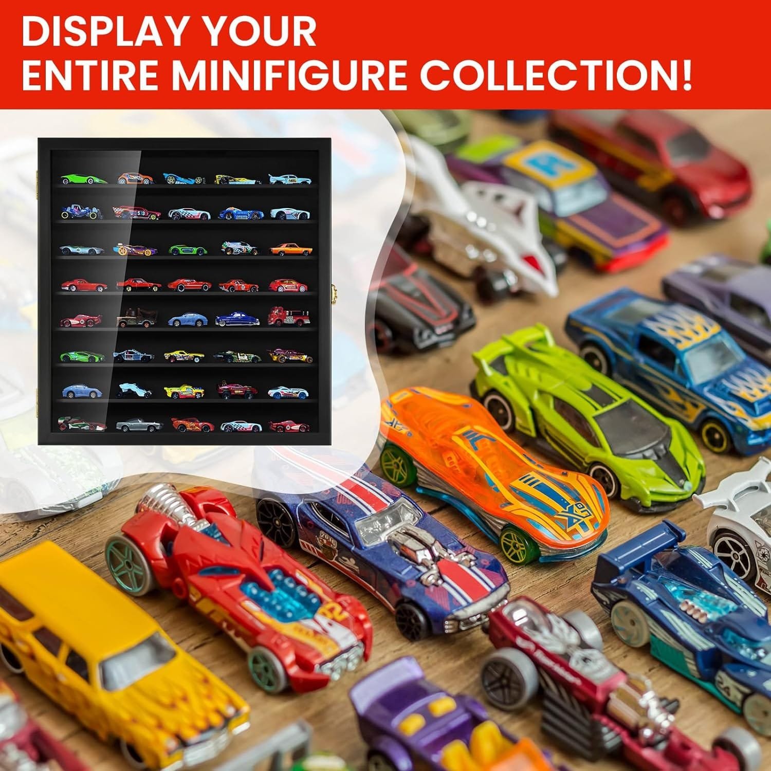 Model Car Display Case 1/64 Scale Diecast Wall-Mounted for Mini Toys and Small Wheels, Black