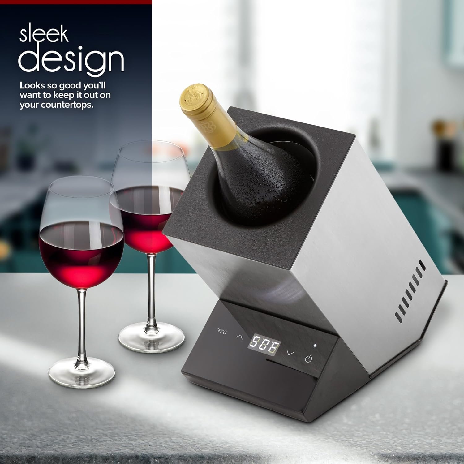 Modern Innovations Electric Wine Chiller, Single Bottle Wine Cooler in Stainless Steel, 750ml Wine Bottle Chiller, Rapid Beverage, Champagne, Drink Chiller, Gifts for the Wine Lover, Wine Coolers