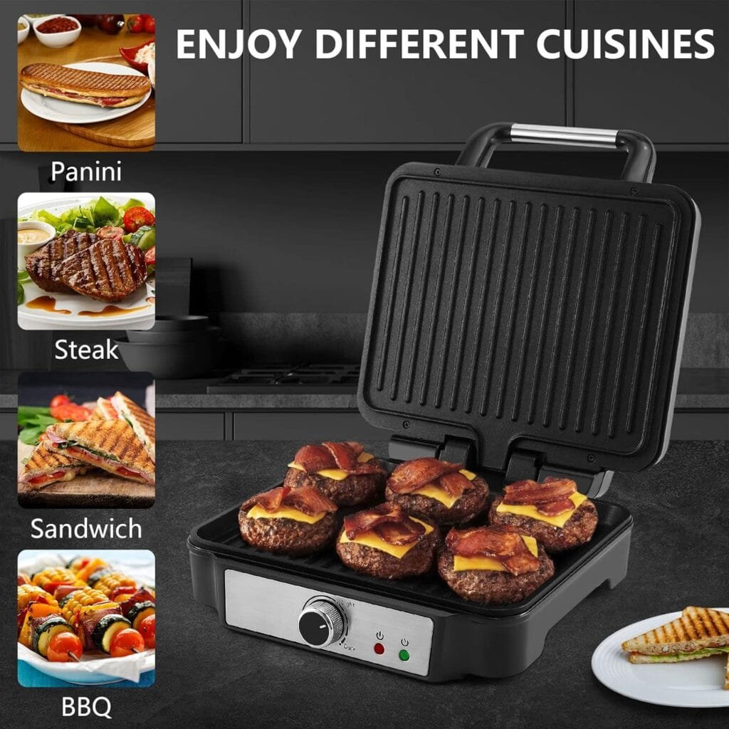 MONXOOK Electric Panini Press, 750W Sandwich Press, Non-Stick Coated Plates 8.46INx4.92IN, Panini Press Sandwich Maker with Indicator Lights, Cool Touch Handle, Black MONXOOK Electric Panini Press, 750W Sandwich Press, Non-Stick Coated Plates 8.46INx4.92IN, Panini Press Sandwich Maker with Indicator Lights, Cool Touch Handle, Black