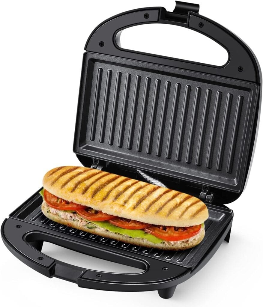 MONXOOK Electric Panini Press, 750W Sandwich Press, Non-Stick Coated Plates 8.46INx4.92IN, Panini Press Sandwich Maker with Indicator Lights, Cool Touch Handle, Black MONXOOK Electric Panini Press, 750W Sandwich Press, Non-Stick Coated Plates 8.46INx4.92IN, Panini Press Sandwich Maker with Indicator Lights, Cool Touch Handle, Black