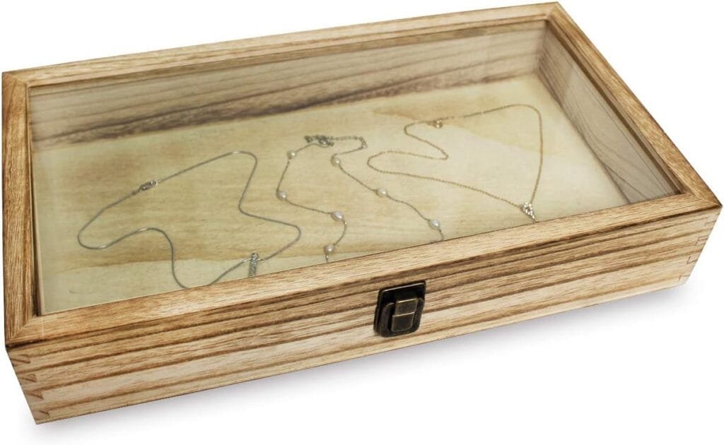 MOOCA Natural Wood Glass Top Jewelry Display Tempered Glass Accessories Storage Box with Metal Clasp, Wooden Jewelry Organizer Tray for Collectibles, Pocket Knife Display Case, Coffee Color