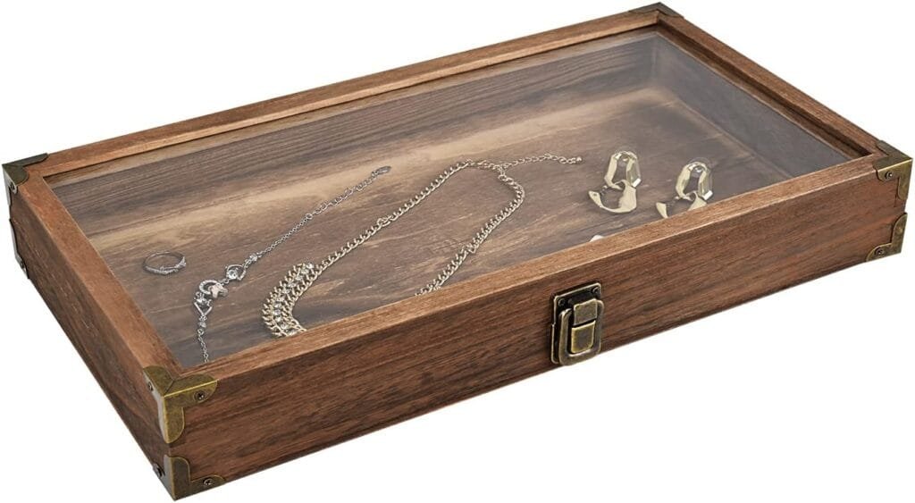 MOOCA Natural Wood Glass Top Jewelry Display Tempered Glass Accessories Storage Box with Metal Clasp, Wooden Jewelry Organizer Tray for Collectibles, Pocket Knife Display Case, Coffee Color