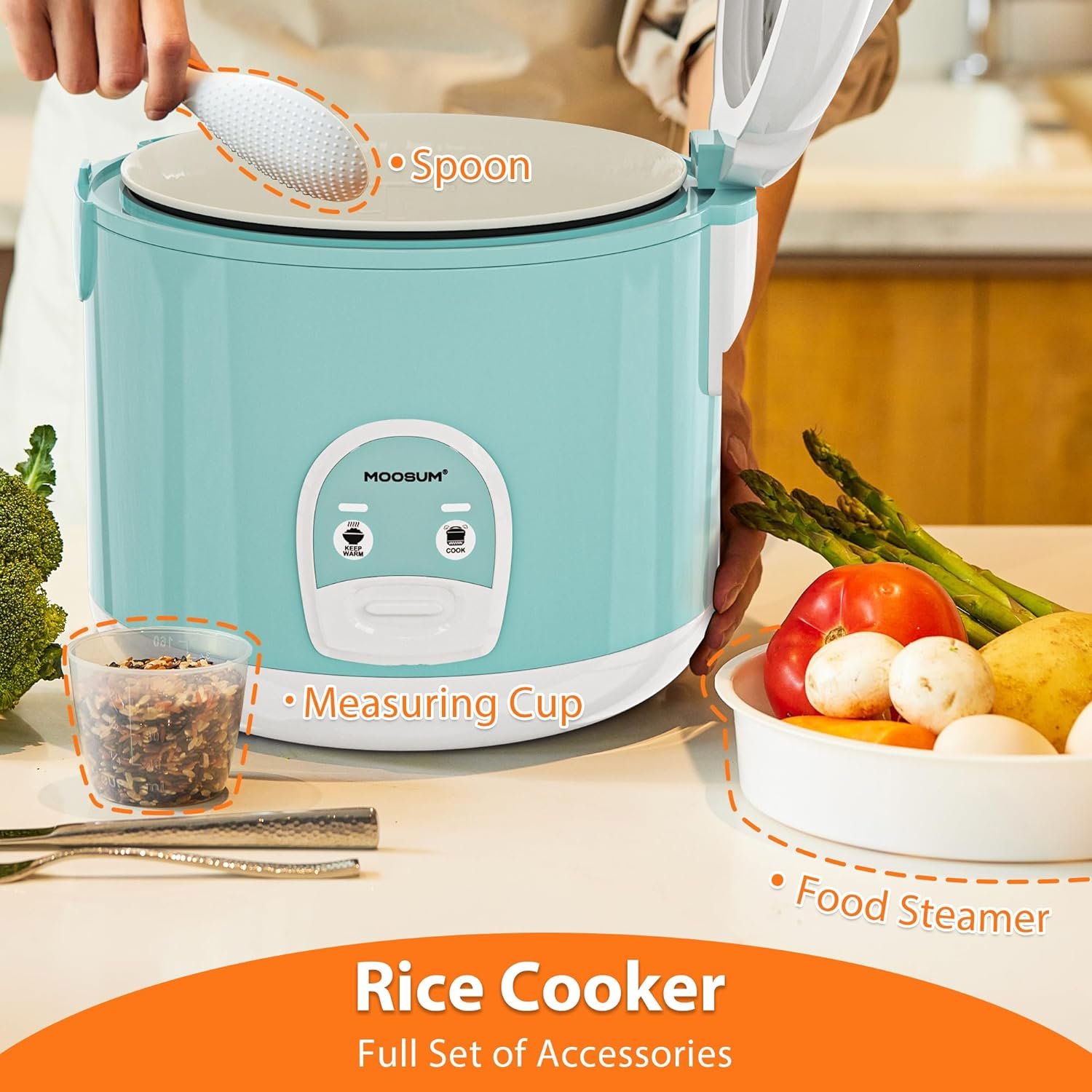 Moosum Rice Cooker Maker 5-Cup(Uncooked) with Steamer, Ceramic coating, BPA Free, Small capacity, Stainless Steel