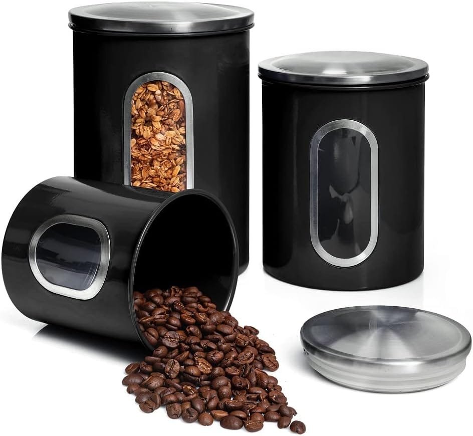 Moss Stone 3 Piece Black Canisters Sets For The Kitchen, Kitchen Jars With See Through Window, Airtight Coffee Container, Tea Organizer Sugar Canister, Kitchen Canisters Set of 3 Moss Stone 3 Piece Black Canisters Sets For The Kitchen, Kitchen Jars With See Through Window, Airtight Coffee Container, Tea Organizer Sugar Canister, Kitchen Canisters Set of 3
