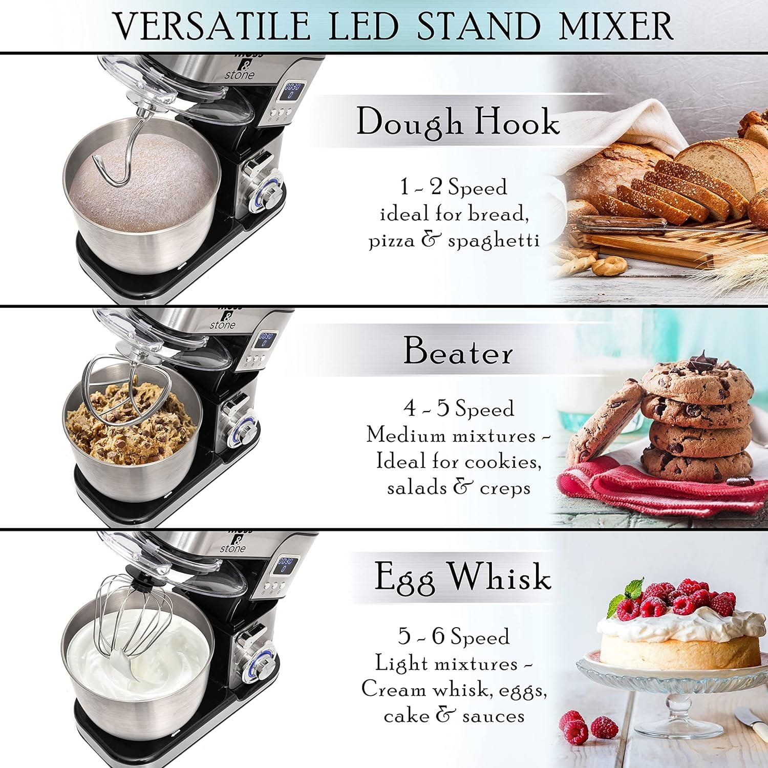 Moss  Stone Stand Mixer With Lcd Display, 6 Speed Electric Mixer With 5.5 Quart Stainless Steel Mixing Bowl, Kitchen Mixer With Dough Hook, Egg Whisk, Beater  Baking Spatula, Food Mixer With Timer Moss  Stone Stand Mixer With Lcd Display, 6 Speed Electric Mixer With 5.5 Quart Stainless Steel Mixing Bowl, Kitchen Mixer With Dough Hook, Egg Whisk, Beater  Baking Spatula, Food Mixer With Timer