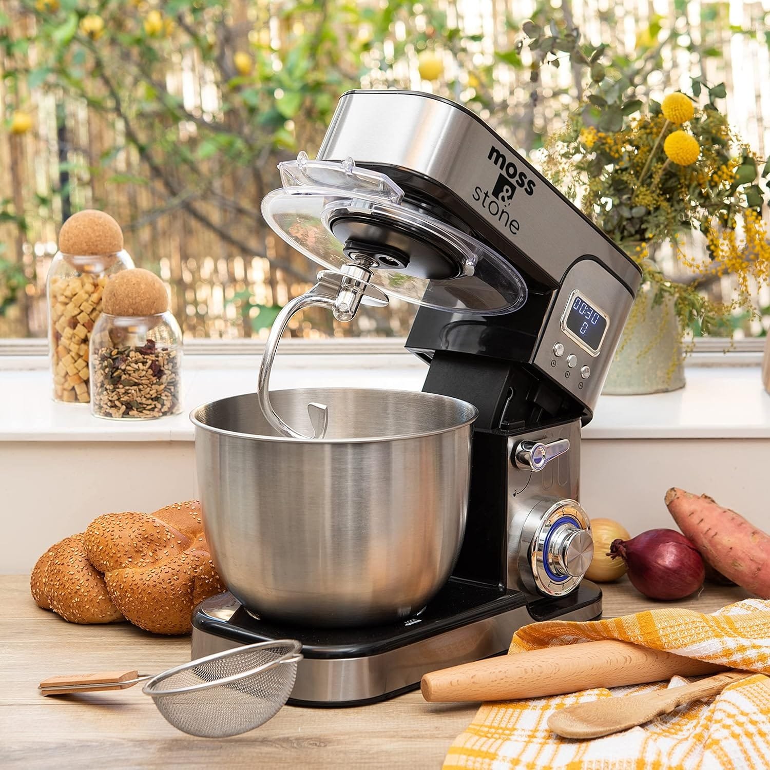 Moss  Stone Stand Mixer With Lcd Display, 6 Speed Electric Mixer With 5.5 Quart Stainless Steel Mixing Bowl, Kitchen Mixer With Dough Hook, Egg Whisk, Beater  Baking Spatula, Food Mixer With Timer Moss  Stone Stand Mixer With Lcd Display, 6 Speed Electric Mixer With 5.5 Quart Stainless Steel Mixing Bowl, Kitchen Mixer With Dough Hook, Egg Whisk, Beater  Baking Spatula, Food Mixer With Timer