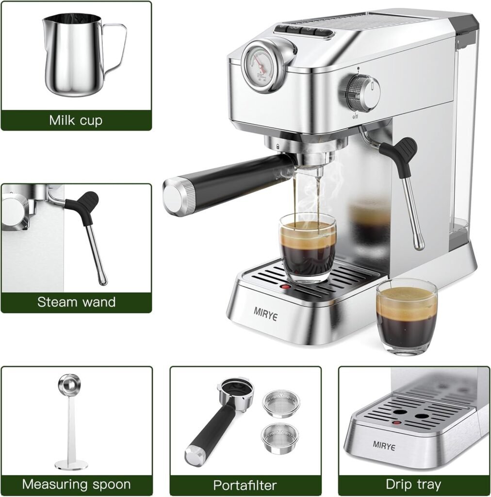 MR Espresso Machine, 20 Bar Stainless Steel Espresso Maker Coffee Machine for Home or Office With Removable Water Tank, Measuring Spoon, Brewing Filter, Milk Cup, Milk Frother Steam Wand