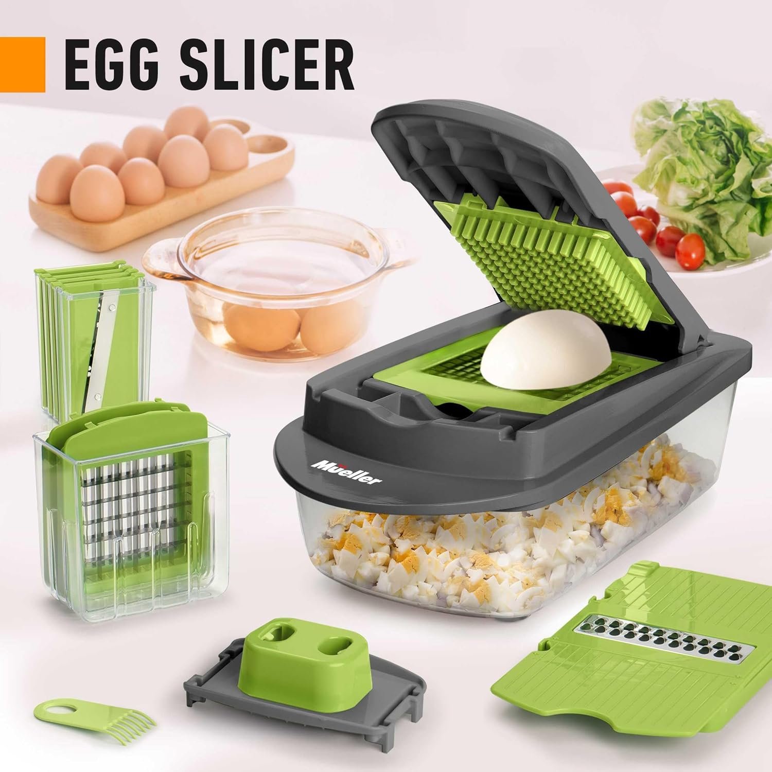 Mueller Pro-Series 10-in-1, 8 Blade Vegetable Chopper, Onion Mincer, Cutter, Dicer, Egg Slicer with Container Mueller Pro-Series 10-in-1, 8 Blade Vegetable Chopper, Onion Mincer, Cutter, Dicer, Egg Slicer with Container