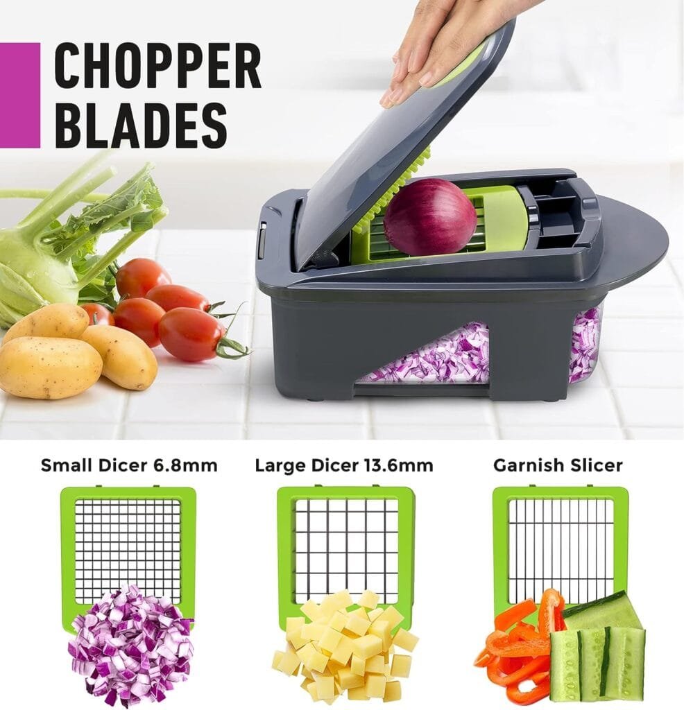 Mueller Pro-Series All-in-One, 12 Blade Mandoline Slicer, Vegetable Spiralizer, Cutter, Dicer, Food Chopper, Grater, Kitchen Gadgets Sets with Container Mueller Pro-Series All-in-One, 12 Blade Mandoline Slicer, Vegetable Spiralizer, Cutter, Dicer, Food Chopper, Grater, Kitchen Gadgets Sets with Container