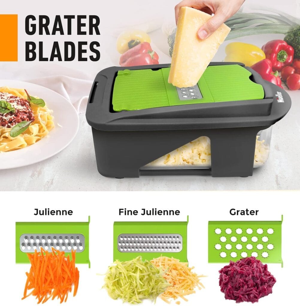 Mueller Pro-Series All-in-One, 12 Blade Mandoline Slicer, Vegetable Spiralizer, Cutter, Dicer, Food Chopper, Grater, Kitchen Gadgets Sets with Container Mueller Pro-Series All-in-One, 12 Blade Mandoline Slicer, Vegetable Spiralizer, Cutter, Dicer, Food Chopper, Grater, Kitchen Gadgets Sets with Container