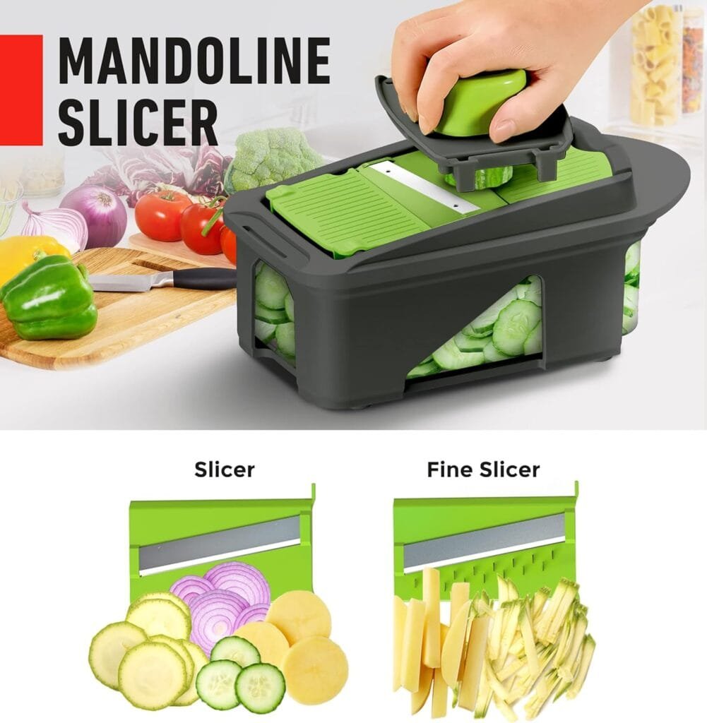 Mueller Pro-Series All-in-One, 12 Blade Mandoline Slicer, Vegetable Spiralizer, Cutter, Dicer, Food Chopper, Grater, Kitchen Gadgets Sets with Container Mueller Pro-Series All-in-One, 12 Blade Mandoline Slicer, Vegetable Spiralizer, Cutter, Dicer, Food Chopper, Grater, Kitchen Gadgets Sets with Container