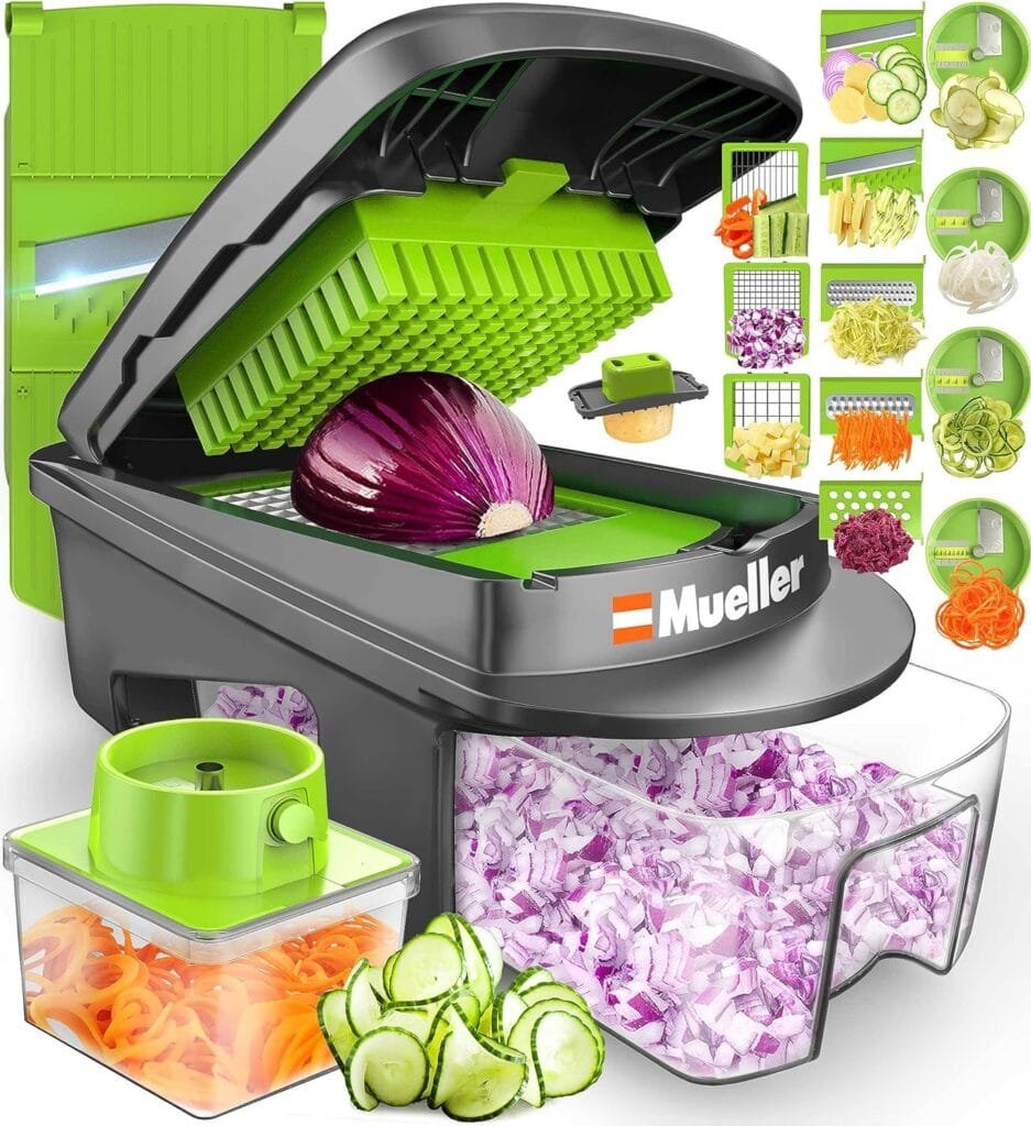 Mueller Pro-Series All-in-One, 12 Blade Mandoline Slicer, Vegetable Spiralizer, Cutter, Dicer, Food Chopper, Grater, Kitchen Gadgets Sets with Container Mueller Pro-Series All-in-One, 12 Blade Mandoline Slicer, Vegetable Spiralizer, Cutter, Dicer, Food Chopper, Grater, Kitchen Gadgets Sets with Container