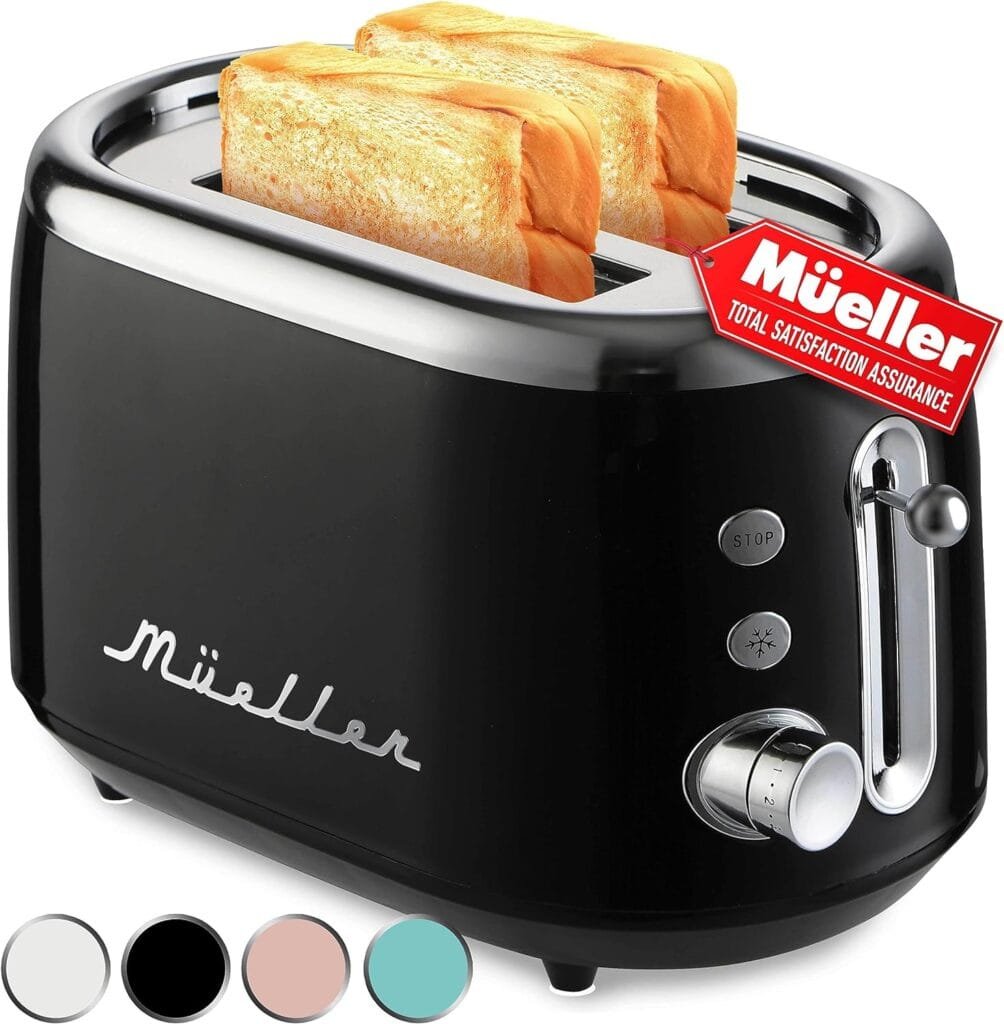 Mueller Retro Toaster 2 Slice with 7 Browning Levels and 3 Functions: Reheat, Defrost  Cancel, Stainless Steel Features, Removable Crumb Tray, Under Base Cord Storage, Pink