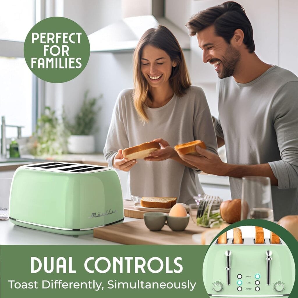 Mueller Retro Toaster 2 Slice with 7 Browning Levels and 3 Functions: Reheat, Defrost  Cancel, Stainless Steel Features, Removable Crumb Tray, Under Base Cord Storage, Pink