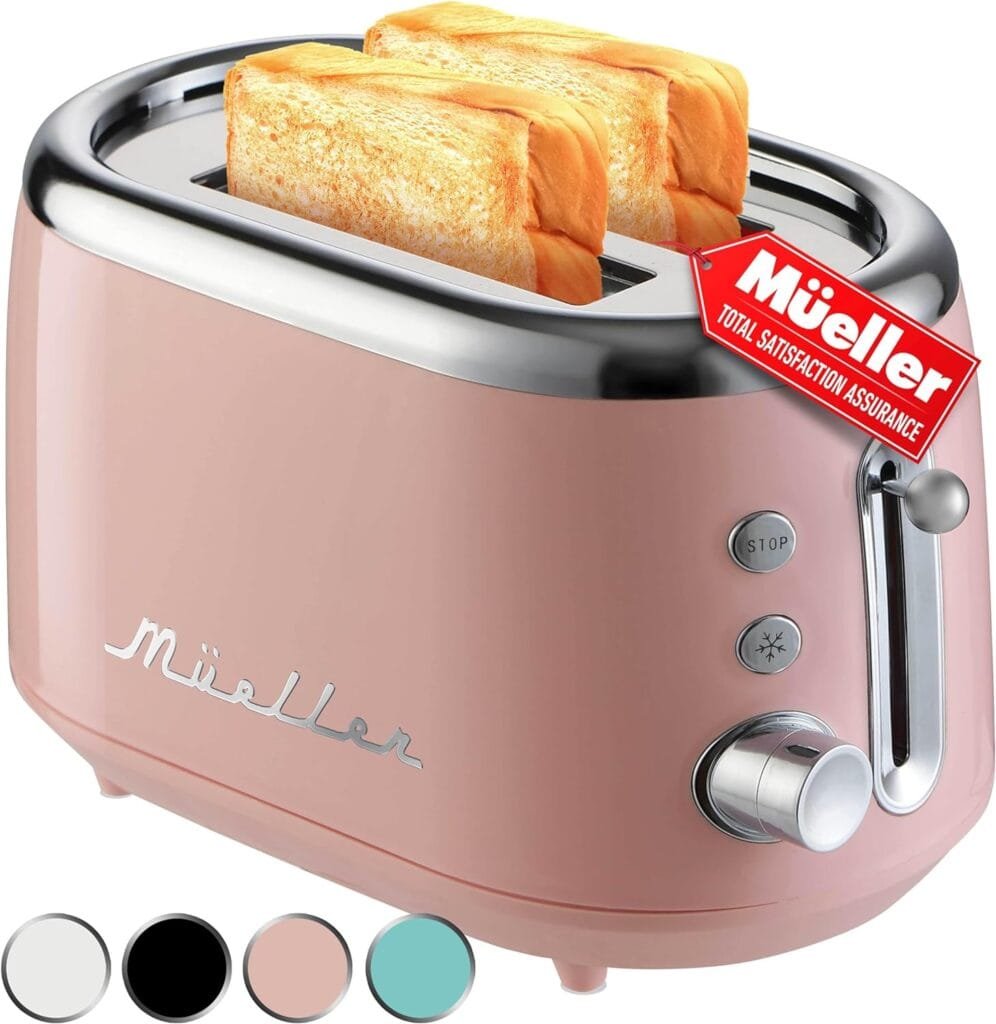 Mueller Retro Toaster 2 Slice with 7 Browning Levels and 3 Functions: Reheat, Defrost  Cancel, Stainless Steel Features, Removable Crumb Tray, Under Base Cord Storage, Pink