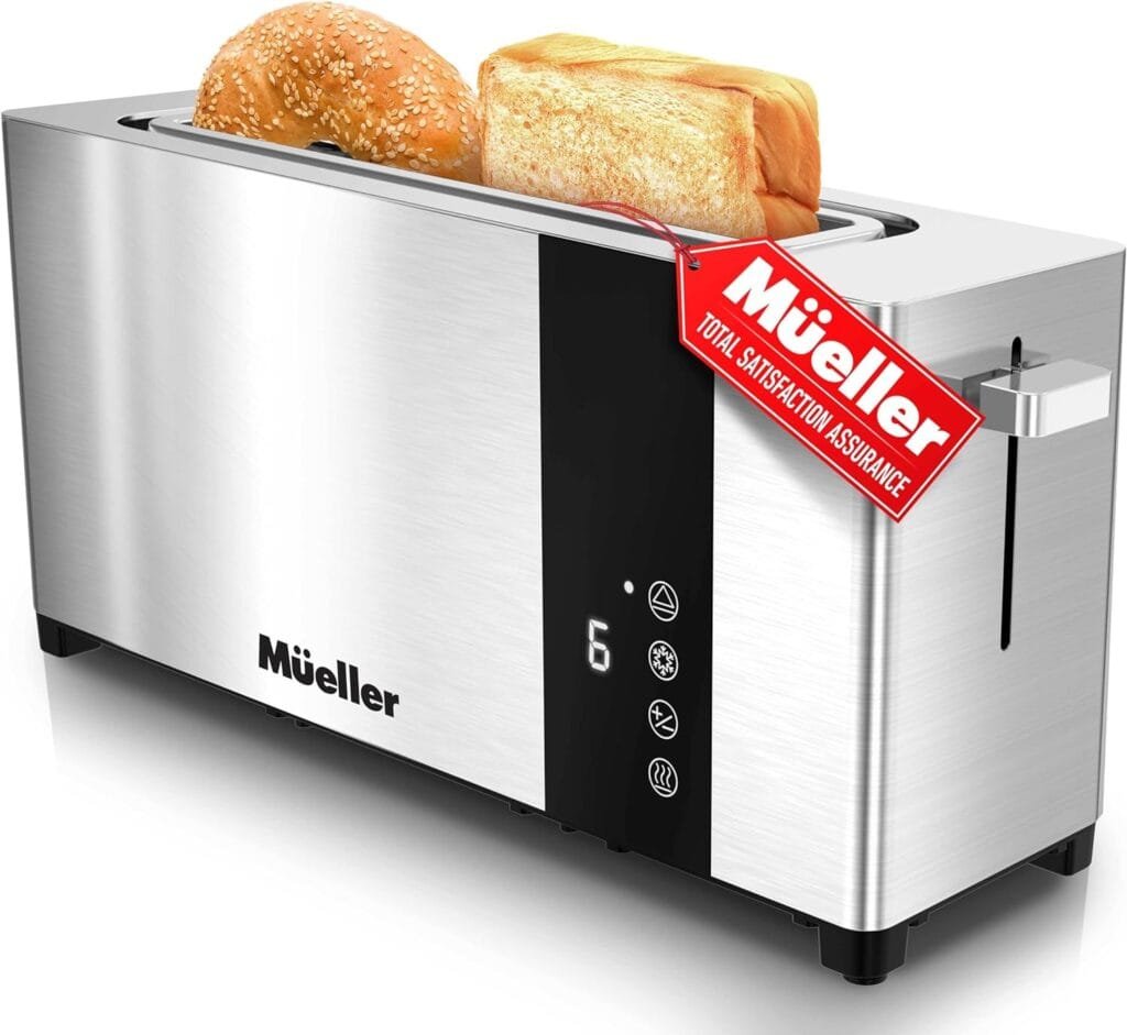 Mueller UltraToast Full Stainless Steel Toaster 4 Slice, Long Extra-Wide Slots with Removable Tray, Cancel/Defrost/Reheat Functions, 6 Browning Levels with LED Display Mueller UltraToast Full Stainless Steel Toaster 4 Slice, Long Extra-Wide Slots with Removable Tray, Cancel/Defrost/Reheat Functions, 6 Browning Levels with LED Display