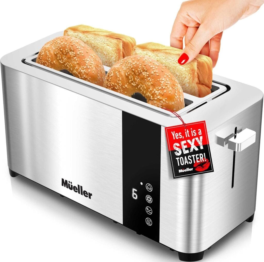 Mueller UltraToast Full Stainless Steel Toaster 4 Slice, Long Extra-Wide Slots with Removable Tray, Cancel/Defrost/Reheat Functions, 6 Browning Levels with LED Display Mueller UltraToast Full Stainless Steel Toaster 4 Slice, Long Extra-Wide Slots with Removable Tray, Cancel/Defrost/Reheat Functions, 6 Browning Levels with LED Display