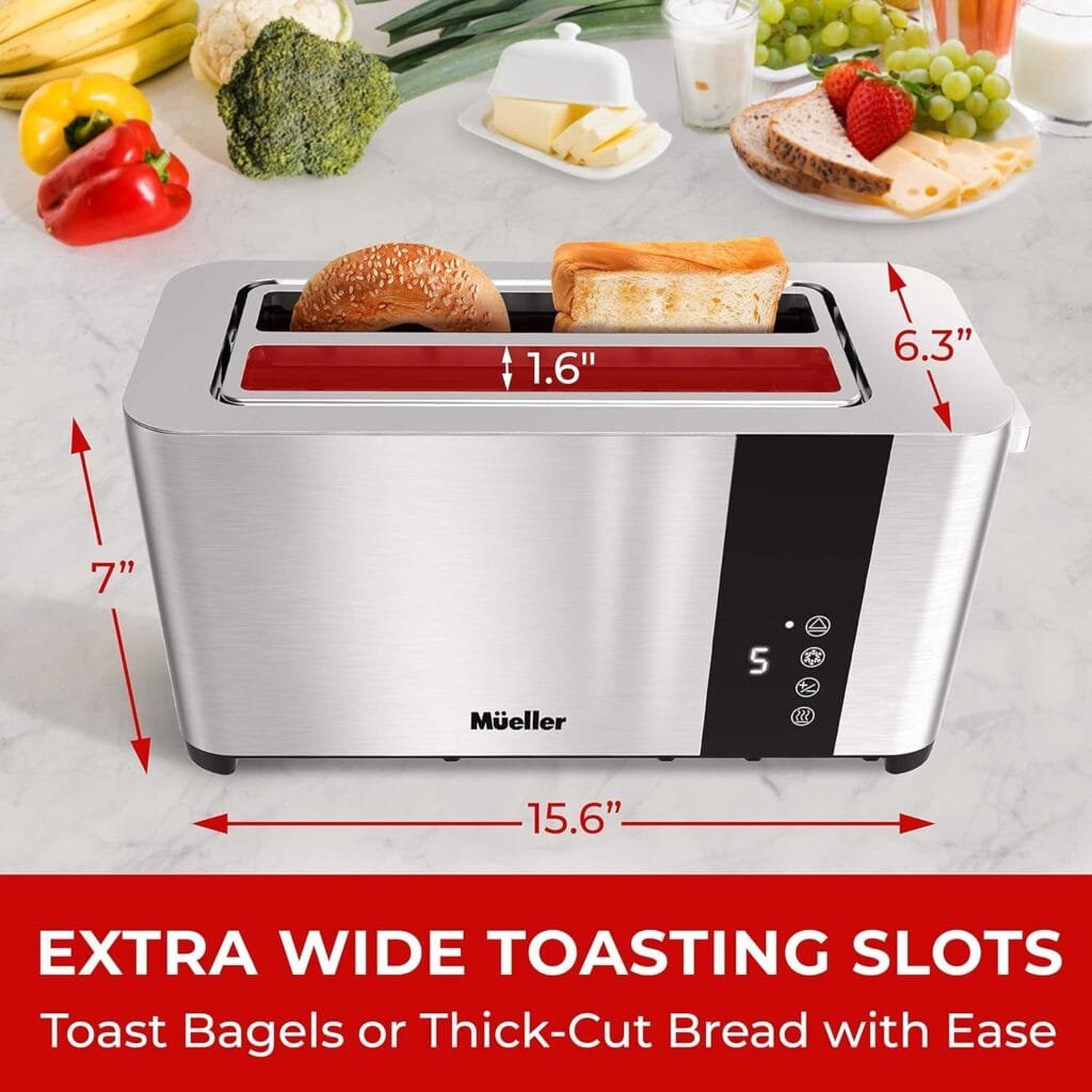 Mueller UltraToast Full Stainless Steel Toaster 4 Slice, Long Extra-Wide Slots with Removable Tray, Cancel/Defrost/Reheat Functions, 6 Browning Levels with LED Display Mueller UltraToast Full Stainless Steel Toaster 4 Slice, Long Extra-Wide Slots with Removable Tray, Cancel/Defrost/Reheat Functions, 6 Browning Levels with LED Display