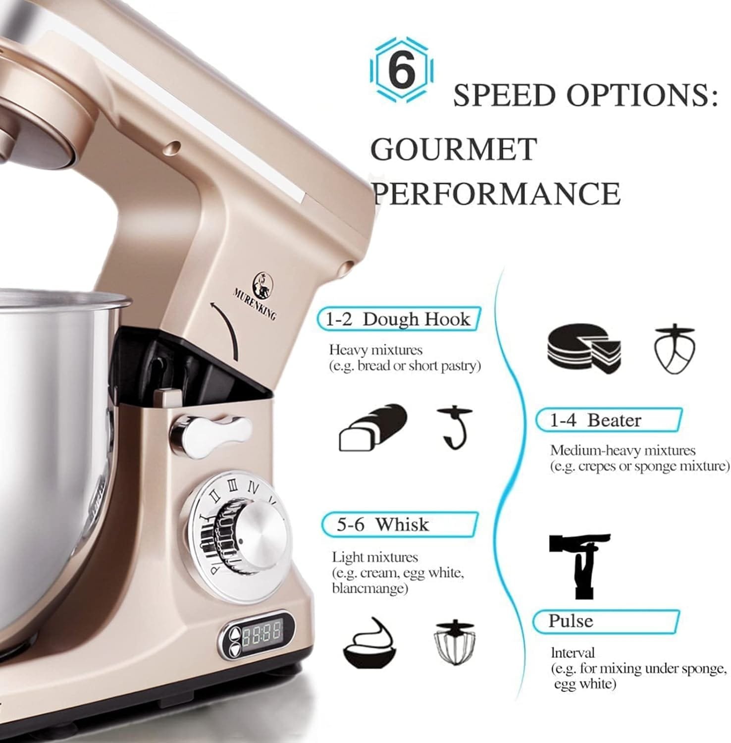 MURENKING Professional Stand Mixer, 6-Qt with Timer, MK37 500W 6-Speed Tilt-Head Food Electric Mixer Kitchen Machine,Plastic (Champagne)