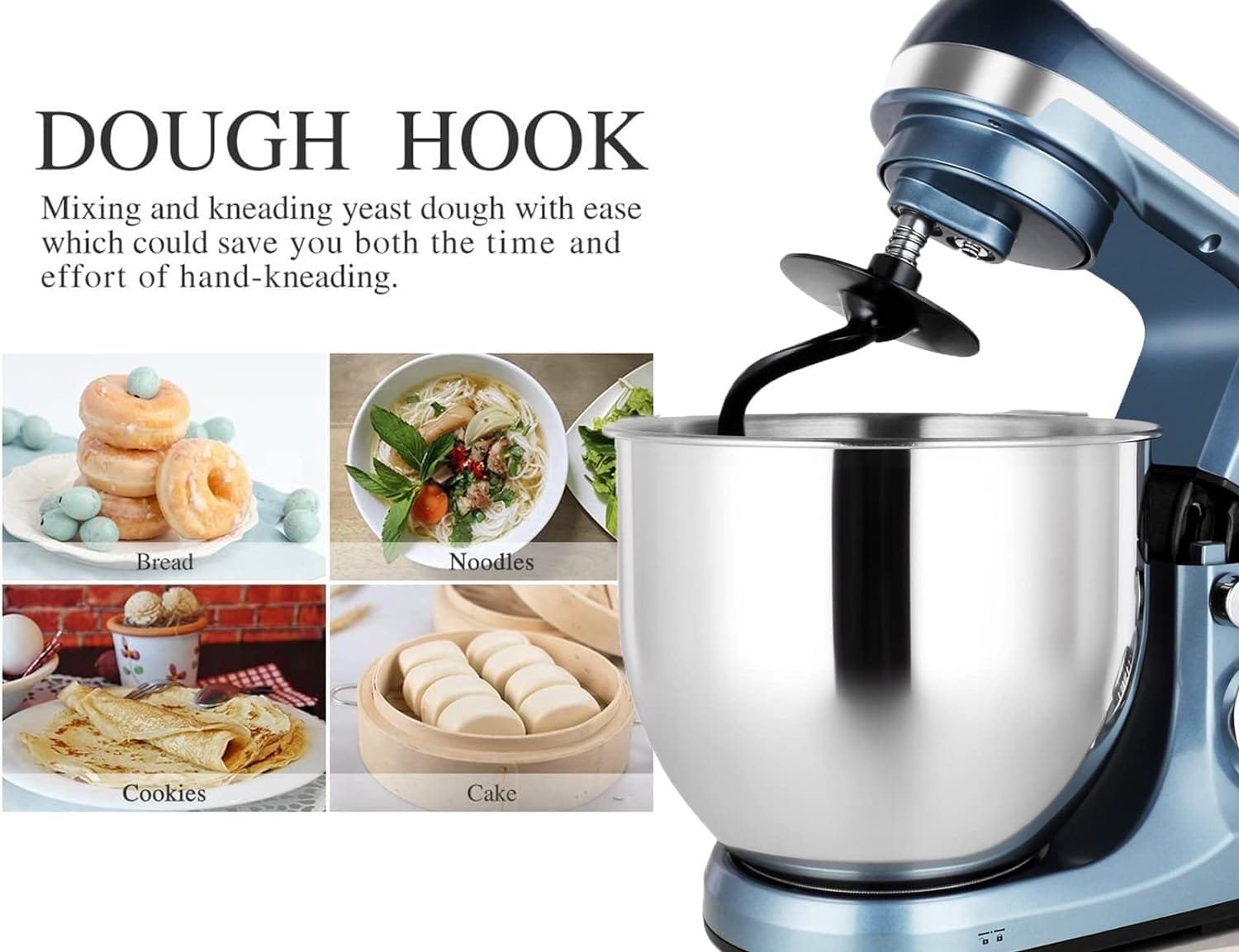 MURENKING Stand Mixer,5.3-Qt  500W  6+P Speed MK36 Tilt-Head Kitchen Electric Food Mixers Home Baking Dough Machine with Accessories (Gray Blue)