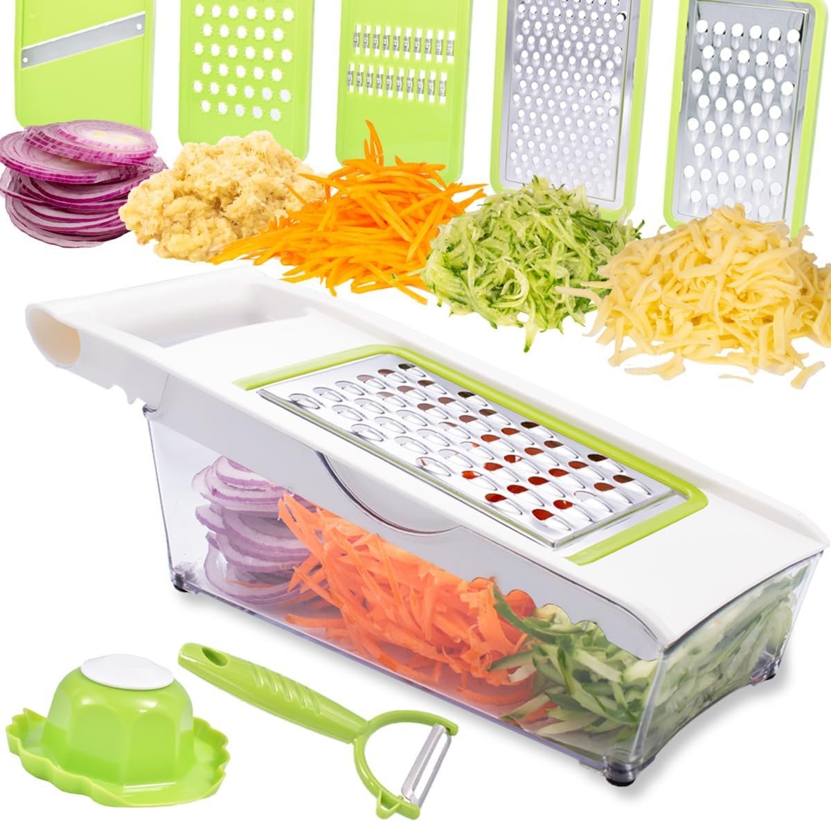 NACOLUS Cheese Grater with Container,5 In 1 Mandoline Slicer for Kitchen,Multi Purpose Vegetable Slicer, Easy to Clean Potato Slicer,Cheese Shredder,Julienne Slicer and Peeler NACOLUS Cheese Grater with Container,5 In 1 Mandoline Slicer for Kitchen,Multi Purpose Vegetable Slicer, Easy to Clean Potato Slicer,Cheese Shredder,Julienne Slicer and Peeler