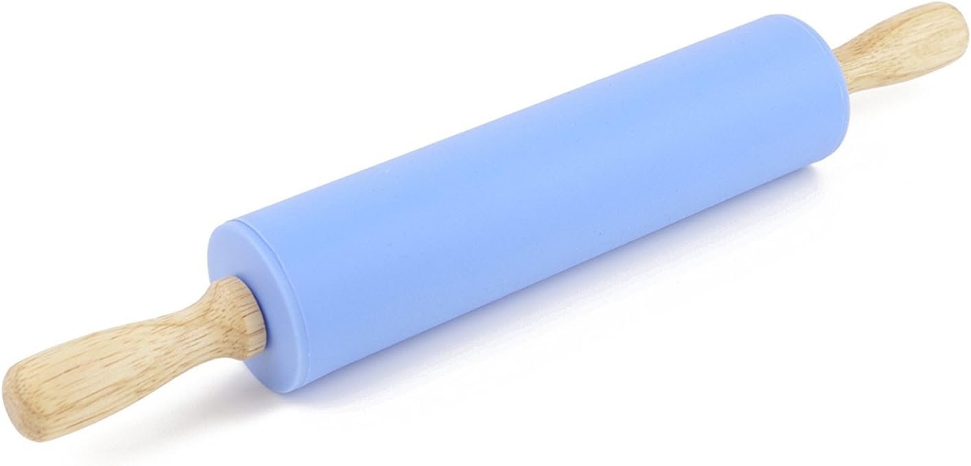 NASNAIOLL Silicone Rolling Pin Non Stick Surface Wooden Handle (Blue)