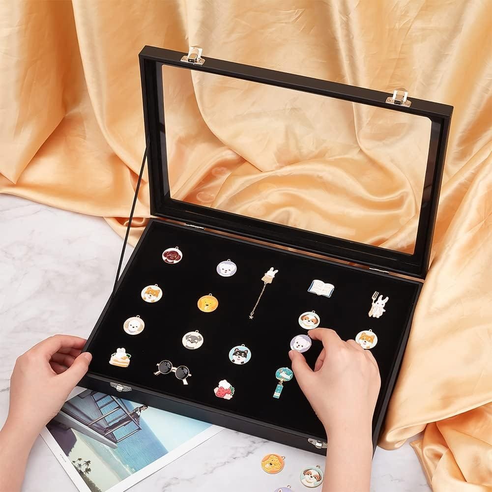 NBEADS Wood Pin Display Case Black, Velvet Pad Badge Display Case Brooch Glass Top Collection Display Case Table Top Display Case Jewelry Display Case for Collectibles, Home Organization