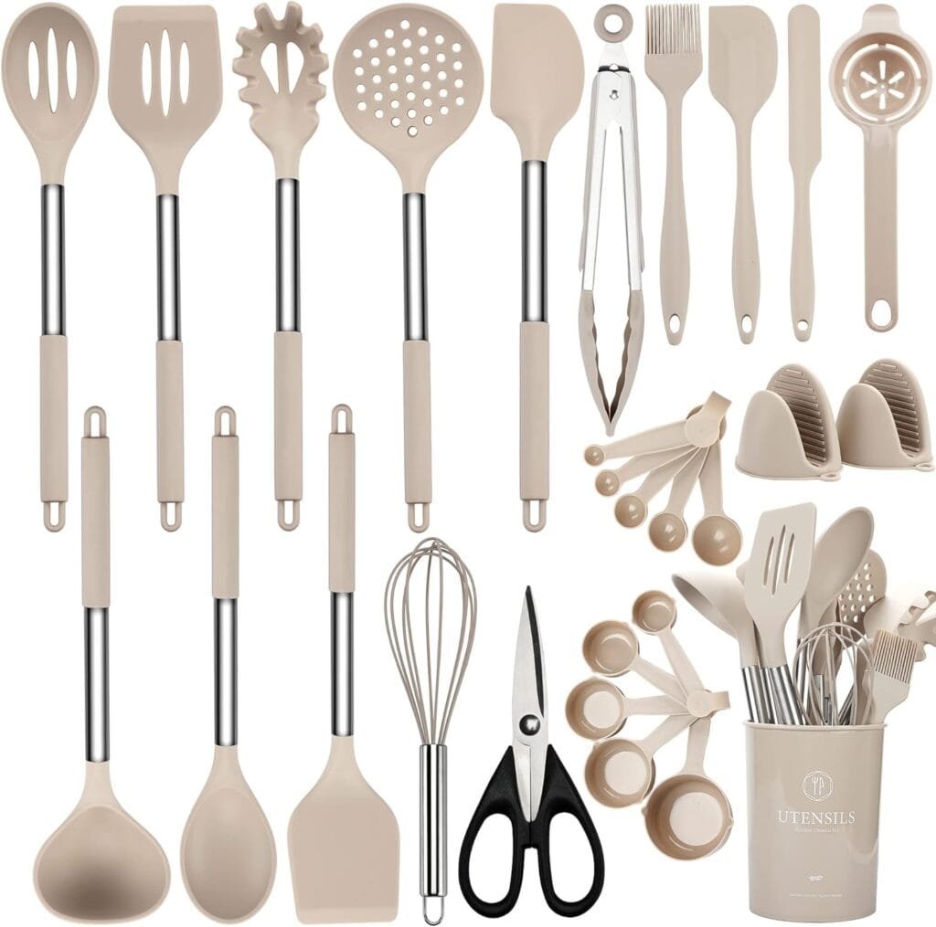NCUE Cooking Utensils Set, 28 Pcs Silicone Kitchen Utensils Set with Holder, Silicone Whisk, Spatulas, Scissors, Measuring Cups and Spoons Set with Stainless Steel Handle Kitchen Gadgets (Khaki) NCUE Cooking Utensils Set, 28 Pcs Silicone Kitchen Utensils Set with Holder, Silicone Whisk, Spatulas, Scissors, Measuring Cups and Spoons Set with Stainless Steel Handle Kitchen Gadgets (Khaki)