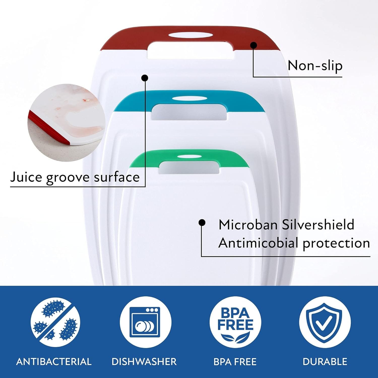 Neoflam Microban Protection Cutting Board 3 Piece Set, Stain  Odor/BPA Free, Reversable Board, Upgraded Larger Juice Groove, Non-Slip EZ Grip Handle, Dishwasher Safe, Pastel