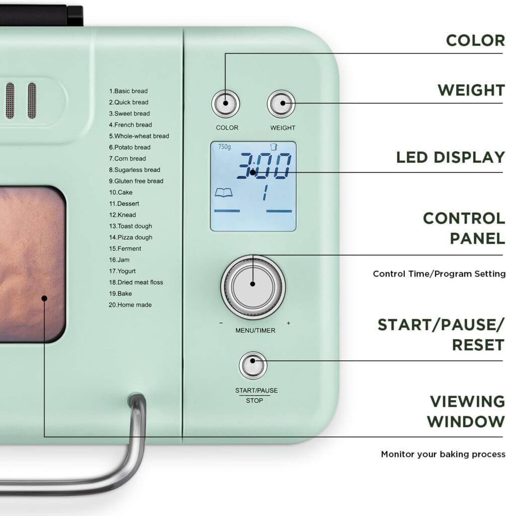 Neretva Bread Maker Machine, 20-in-1 2LB Automatic Breadmaker with Gluten Free Pizza Sourdough Setting, Digital, Programmable, 1 Hour Keep Warm, 2 Loaf Sizes, 3 Crust Colors - Receipe Booked Included