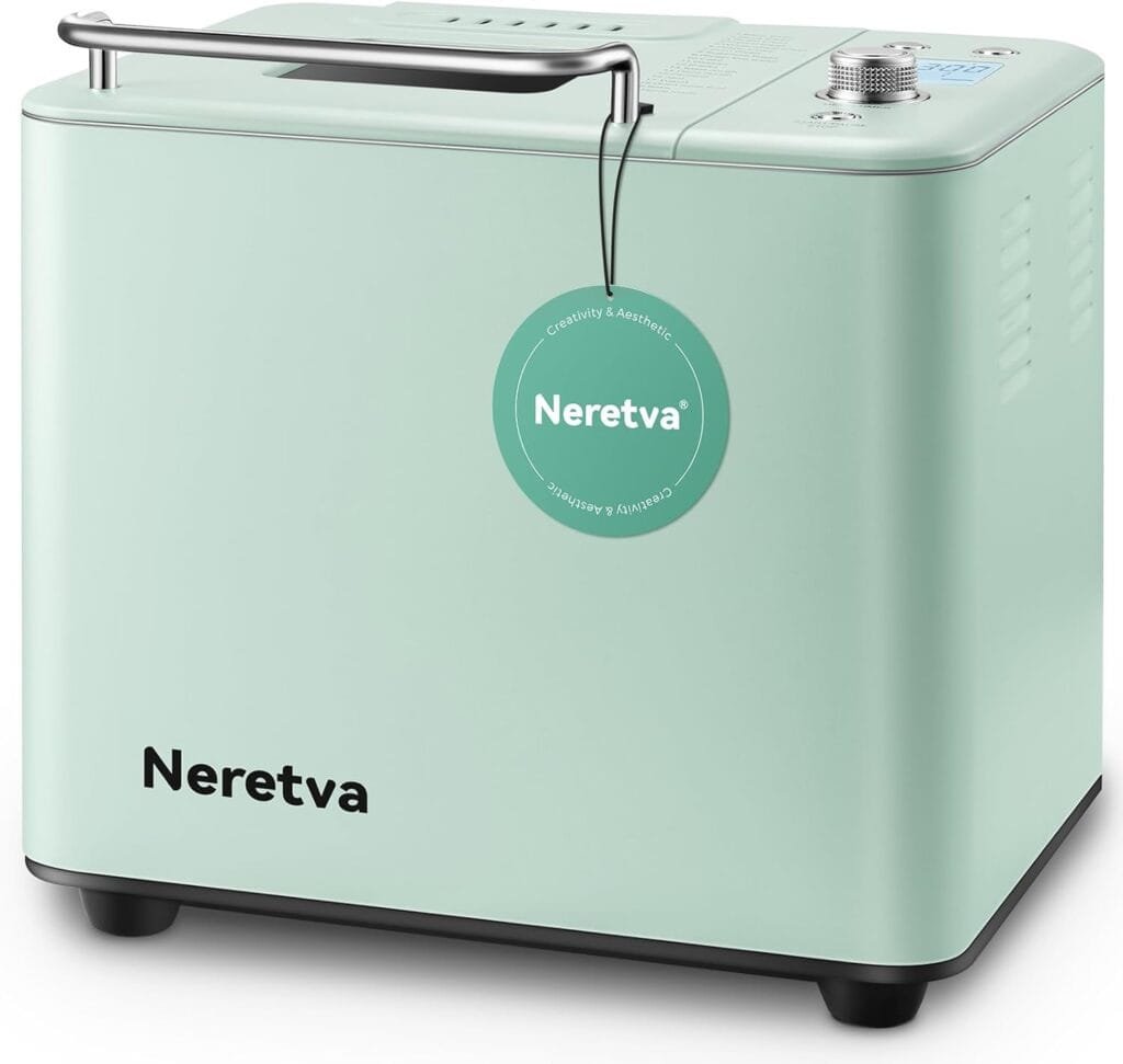 Neretva Bread Maker Machine, 20-in-1 2LB Automatic Breadmaker with Gluten Free Pizza Sourdough Setting, Digital, Programmable, 1 Hour Keep Warm, 2 Loaf Sizes, 3 Crust Colors - Receipe Booked Included