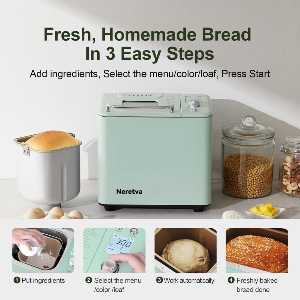 Neretva Bread Maker Machine, 20-in-1 2LB Automatic Breadmaker with Gluten Free Pizza Sourdough Setting, Digital, Programmable, 1 Hour Keep Warm, 2 Loaf Sizes, 3 Crust Colors - Receipe Booked Included