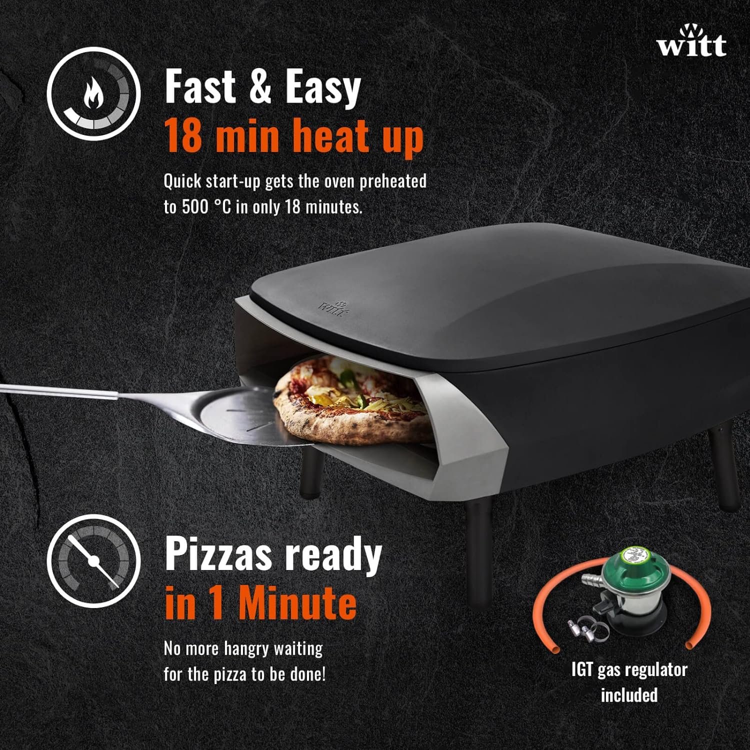 NEW Witt ETNA Rotante Award Winning Pizza Oven with 360 Degrees Rotating Pizza Stone and Booster Burner. This Outdoor Gas Pizza Oven Bakes a Pizza in Less than a minute - Black