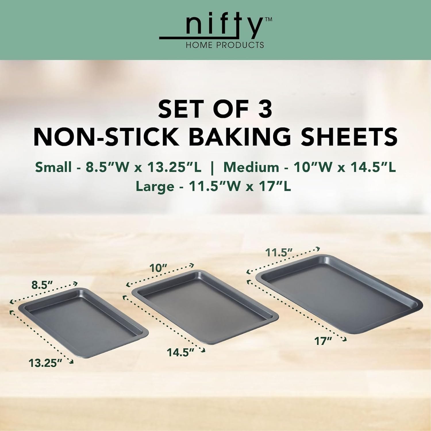 Nifty Cookie  Baking Sheets (Set of 3) – Non-Stick Coated Steel, Dishwasher Safe, Oven Safe up to 450 Degrees, includes Large/Med/Small Pans