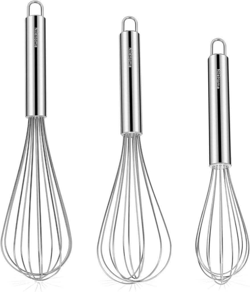 NileHome Stainless Steel Whisk Set 8 10 12 Kitchen Whisk Balloon Whisk Kitchen Wisk Wire Whisks for Cooking, Whisking, Blending, Beating, Stirring-3 Pack…
