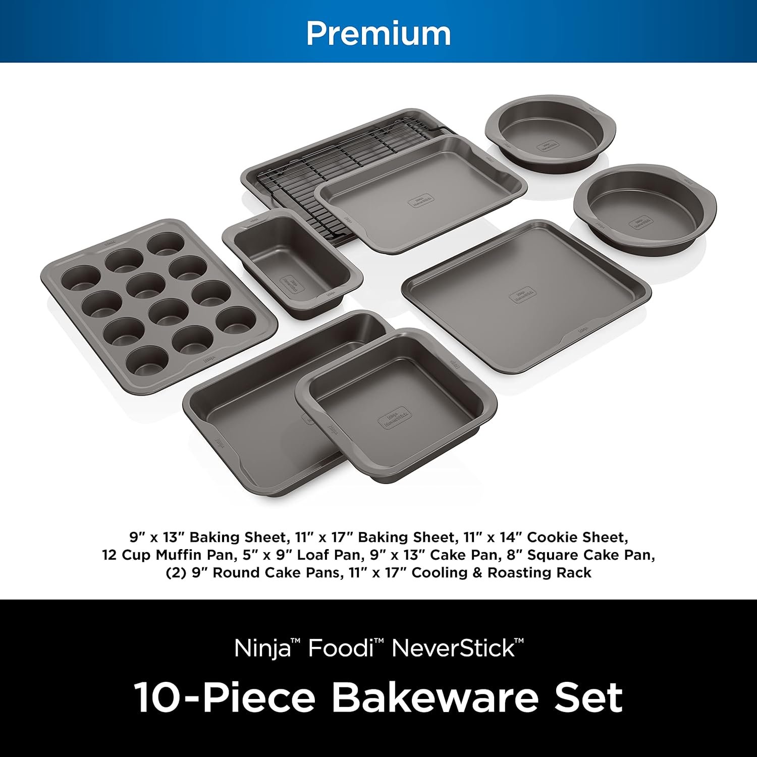 Ninja B39010 Foodi NeverStick Premium 10-Piece Bakeware Sheet Set, Oven Safe up to 500⁰F, with (2) Baking Sheets, Cookie Sheet, Loaf Pan, Muffin Pan, (4) Cake Pans  Cooling/Roasting Rack, Grey