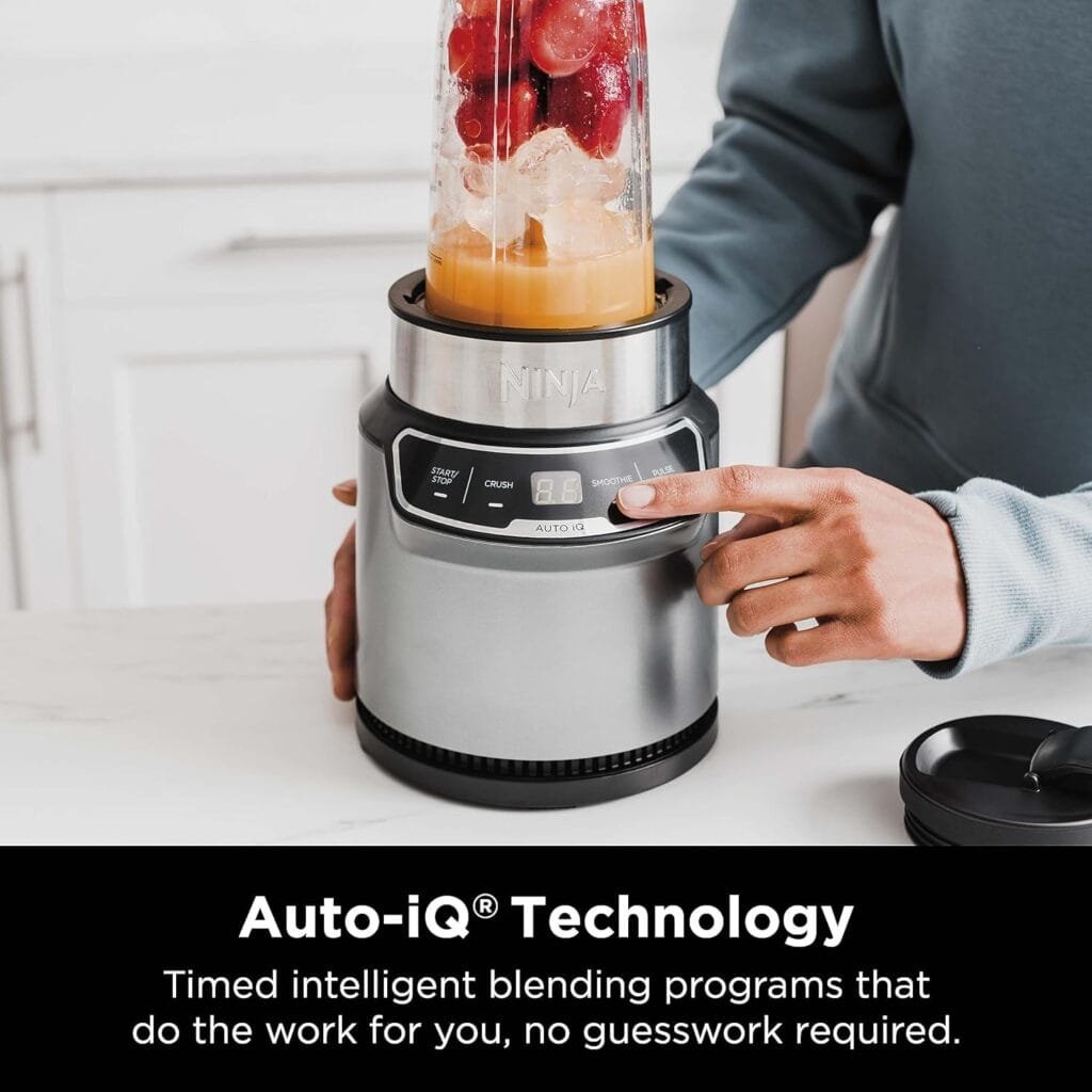 Ninja BN401 Nutri Pro Compact Personal Blender, Auto-iQ Technology, 1100-Peak-Watts, for Frozen Drinks, Smoothies, Sauces More, with (2) 24-oz. To-Go Cups Spout Lids, Cloud Silver Ninja BN401 Nutri Pro Compact Personal Blender, Auto-iQ Technology, 1100-Peak-Watts, for Frozen Drinks, Smoothies, Sauces More, with (2) 24-oz. To-Go Cups Spout Lids, Cloud Silver