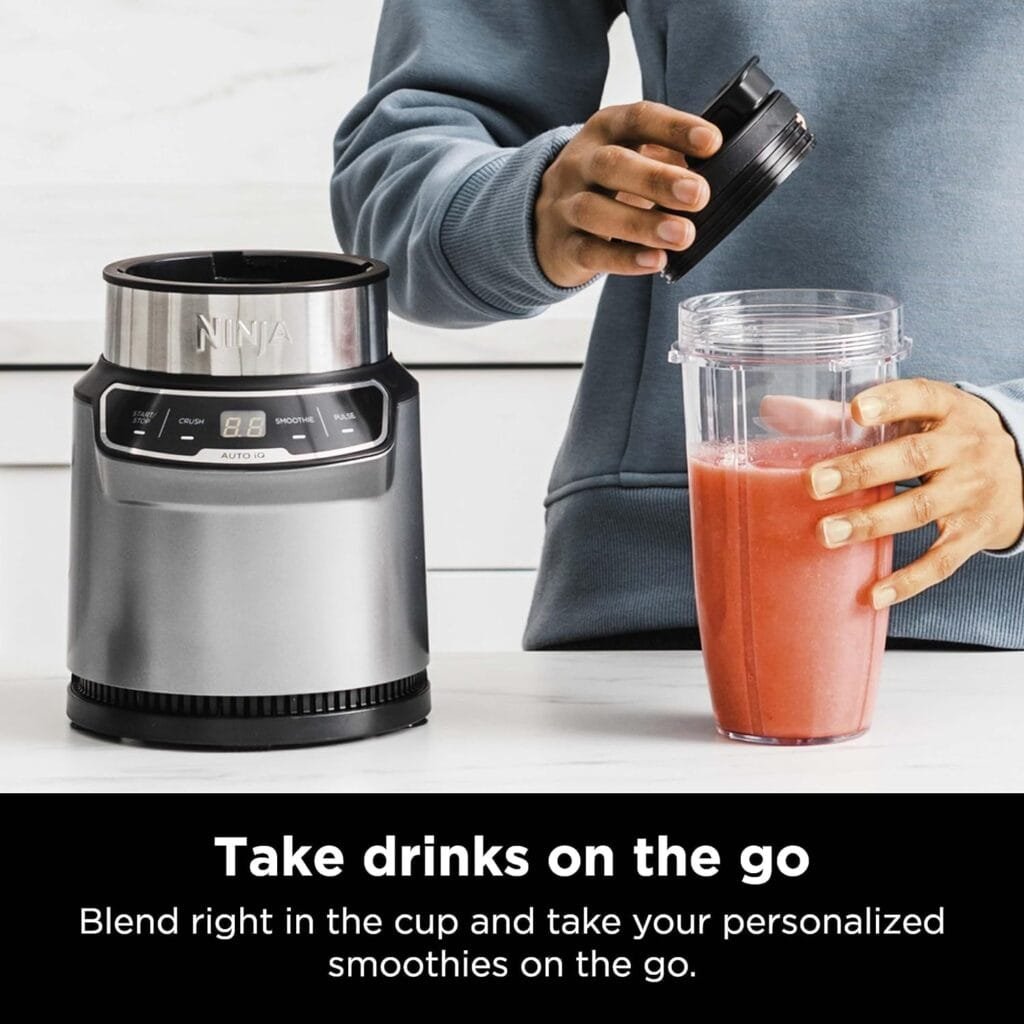 Ninja BN401 Nutri Pro Compact Personal Blender, Auto-iQ Technology, 1100-Peak-Watts, for Frozen Drinks, Smoothies, Sauces More, with (2) 24-oz. To-Go Cups Spout Lids, Cloud Silver Ninja BN401 Nutri Pro Compact Personal Blender, Auto-iQ Technology, 1100-Peak-Watts, for Frozen Drinks, Smoothies, Sauces More, with (2) 24-oz. To-Go Cups Spout Lids, Cloud Silver