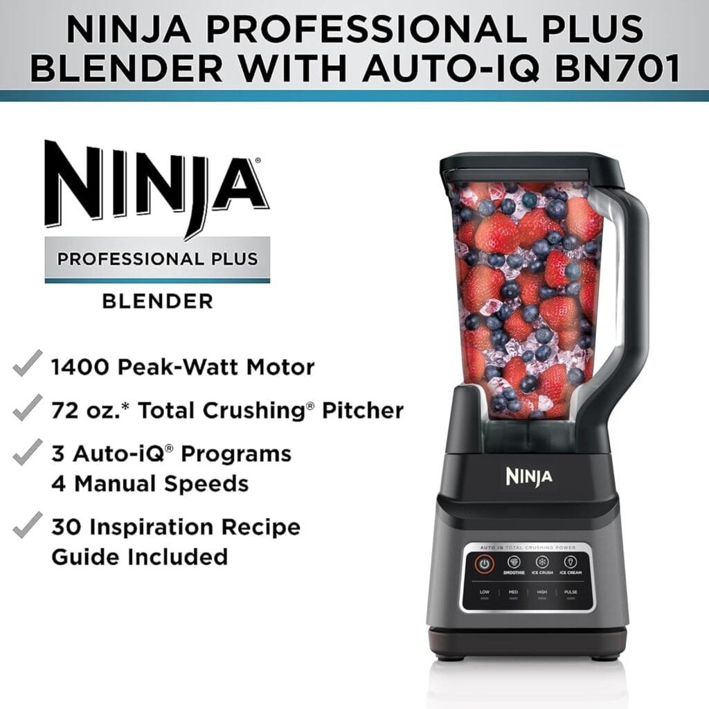Ninja BN701 Professional Plus Blender, 1400 Peak Watts, 3 Functions for Smoothies, Frozen Drinks  Ice Cream with Auto IQ, 72-oz.* Total Crushing Pitcher  Lid, Dark Grey