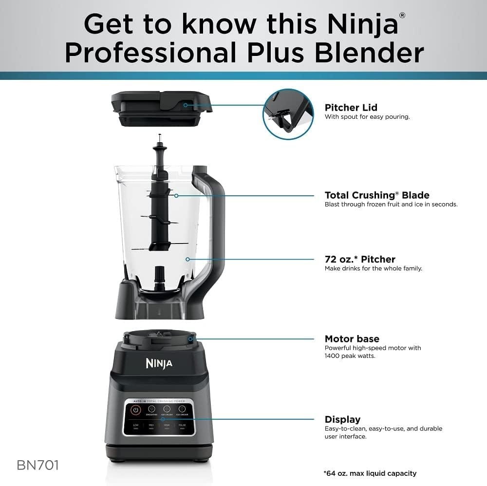 Ninja BN701 Professional Plus Blender, 1400 Peak Watts, 3 Functions for Smoothies, Frozen Drinks  Ice Cream with Auto IQ, 72-oz.* Total Crushing Pitcher  Lid, Dark Grey