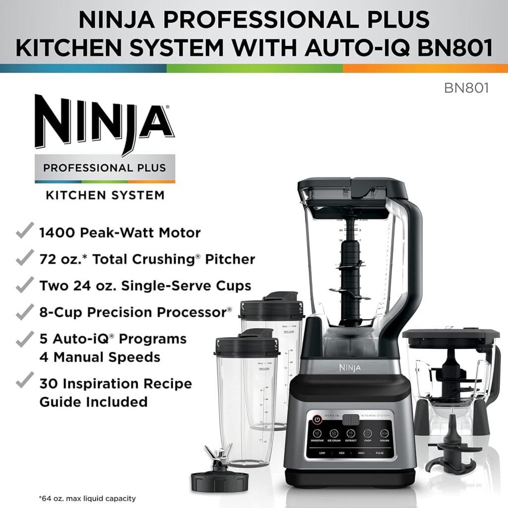 Ninja BN801 Professional Plus Kitchen System, 1400 WP, 5 Functions for Smoothies, Chopping, Dough  More with Auto IQ, 72-oz.* Blender Pitcher, 64-oz. Processor Bowl, (2) 24-oz. To-Go Cups, Grey Ninja BN801 Professional Plus Kitchen System, 1400 WP, 5 Functions for Smoothies, Chopping, Dough  More with Auto IQ, 72-oz.* Blender Pitcher, 64-oz. Processor Bowl, (2) 24-oz. To-Go Cups, Grey