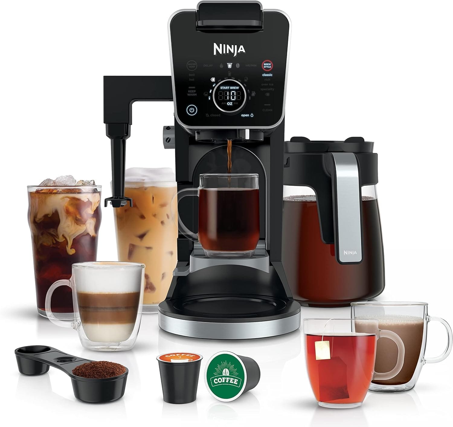 Ninja CFP301 DualBrew Pro Specialty 12-Cup Drip Maker with Glass Carafe, Single-Serve Grounds, compatible with K-Cup pods, with 4 Brew Styles, Frother  Separate Hot Water System, Black Ninja CFP301 DualBrew Pro Specialty 12-Cup Drip Maker with Glass Carafe, Single-Serve Grounds, compatible with K-Cup pods, with 4 Brew Styles, Frother  Separate Hot Water System, Black