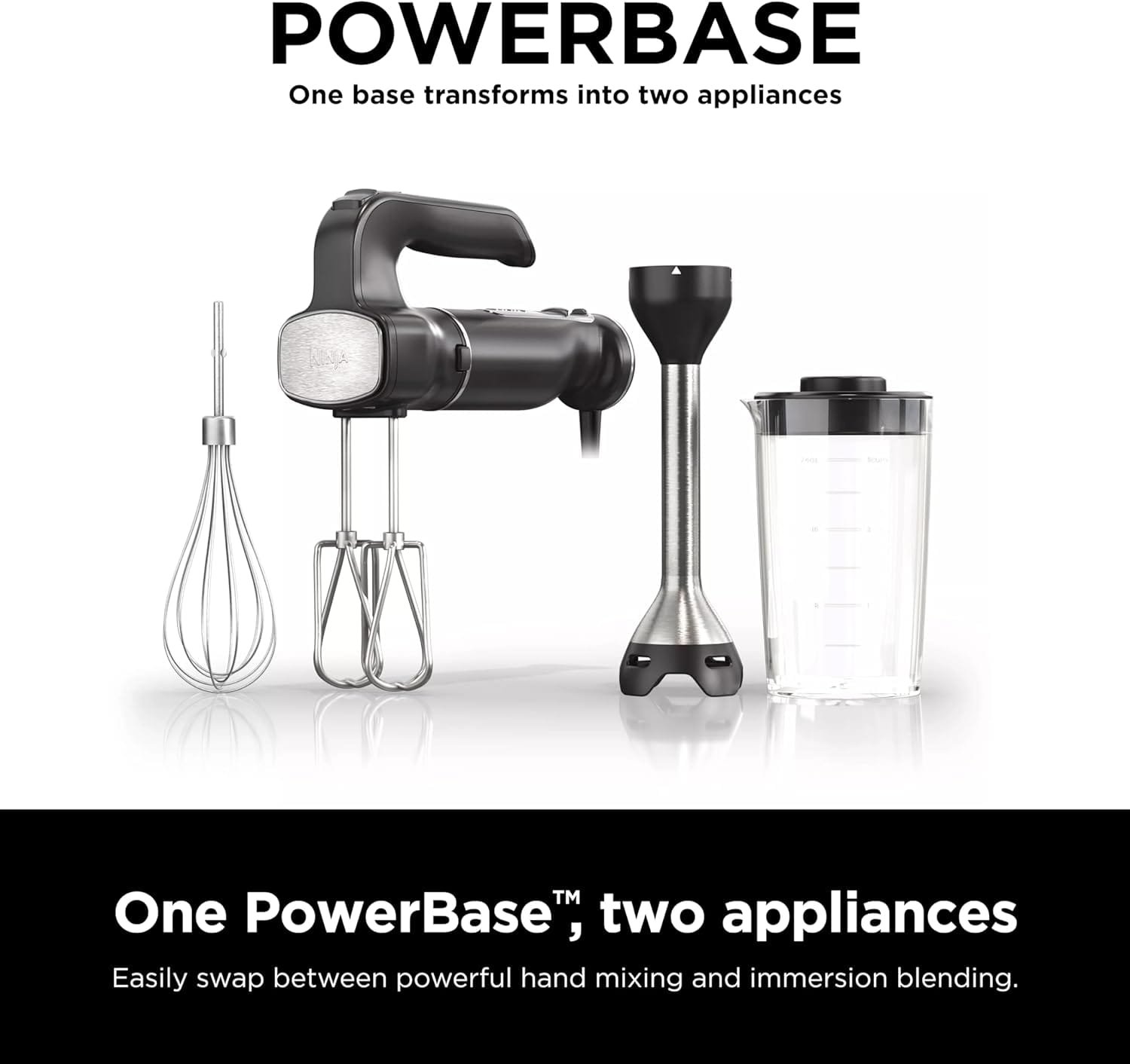 Ninja CI101 Foodi Power Mixer System, 750-Peak-Watt Hand Blender and Hand Mixer Combo with Whisk and Beaters, 3-Cup Blending Vessel, Black