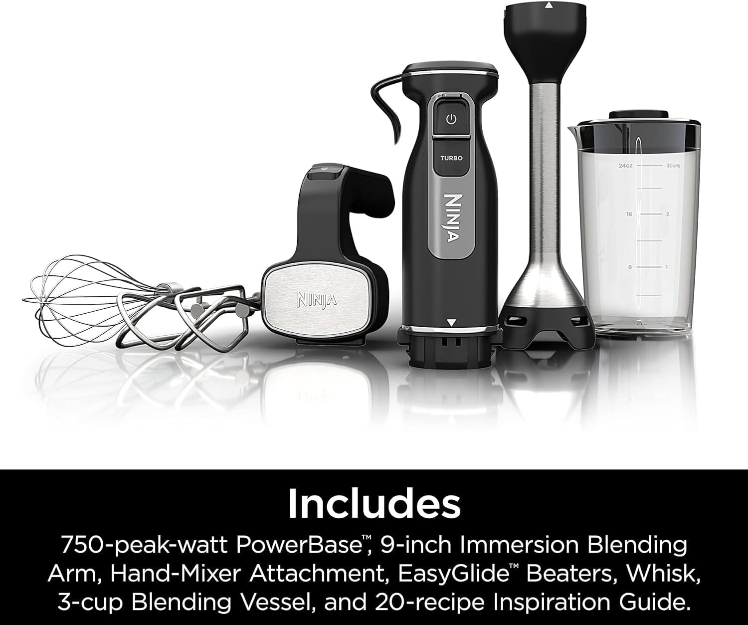 Ninja CI101 Foodi Power Mixer System, 750-Peak-Watt Hand Blender and Hand Mixer Combo with Whisk and Beaters, 3-Cup Blending Vessel, Black
