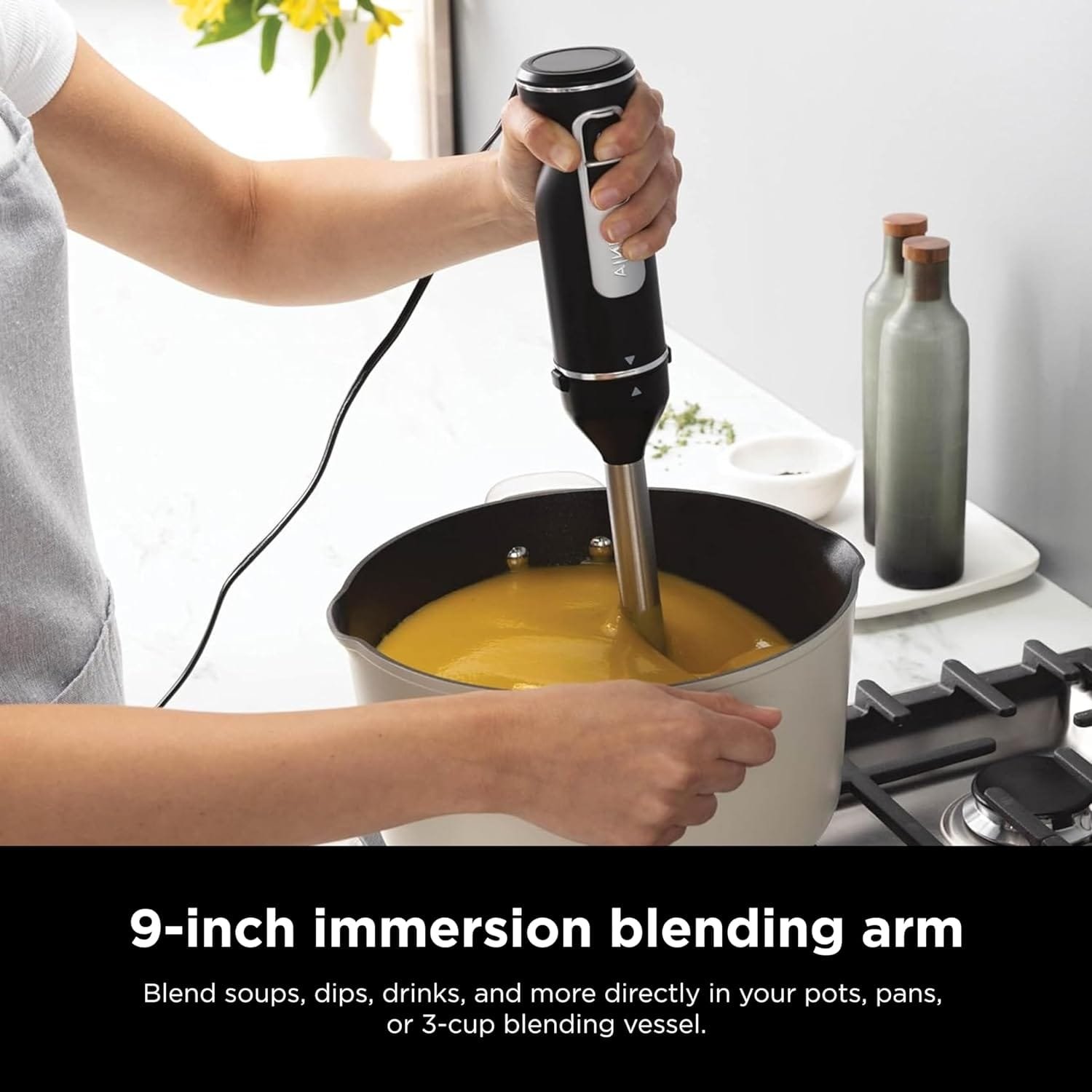 Ninja CI105BRN Foodi Power Mixer System, 750-Peak-Watt Immersion Blender and Hand Mixer, EasyGlide Beaters, Dough Hooks, 3-Cup Blending Vessel, Sea Salt Gray