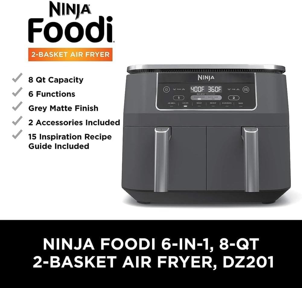 Ninja DZ201 Foodi 8 Quart 6-in-1 DualZone 2-Basket Air Fryer with 2 Independent Frying Baskets, Match Cook  Smart Finish to Roast, Broil, Dehydrate  More for Quick, Easy Meals, Grey