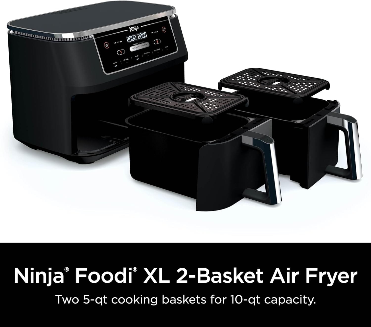 Ninja DZ302 Foodi 10-qt. 6-in-1 DualZone Smart XL Air Fryer with 2 Independent Baskets, Match Cook  Smart Finish to Air Fry, Air Broil, Roast, Bake, Dehydrate,  Keep Warm, Black